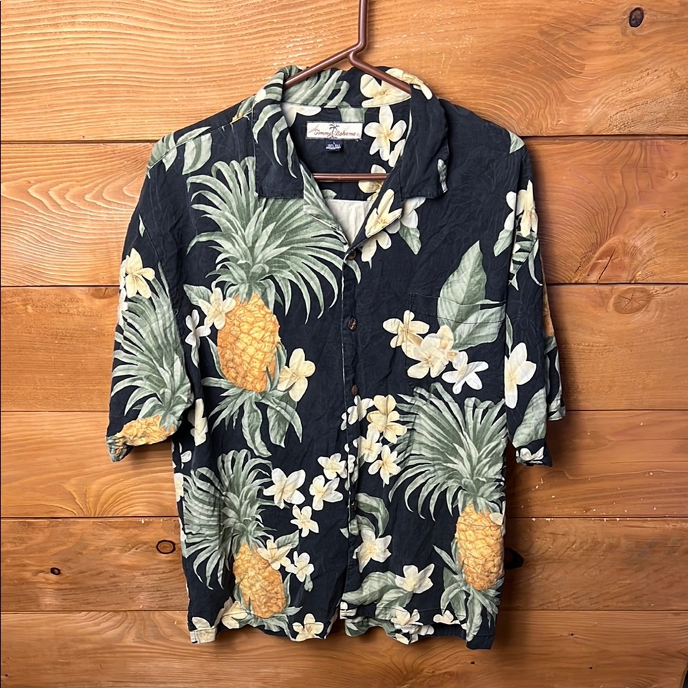 Tommy Bahama Hawaiian Shirt Mens L Black 100% Silk‎ Pocket Button Floral Aloha